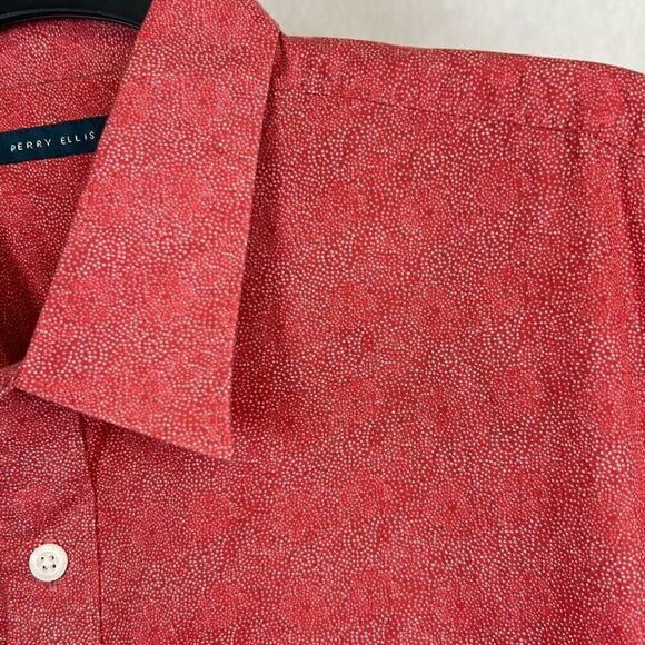 Perry Ellis Mens Button Front Shirt Sz Large Orange-Red w/White Dots Short Sleev - Picture 2 of 6